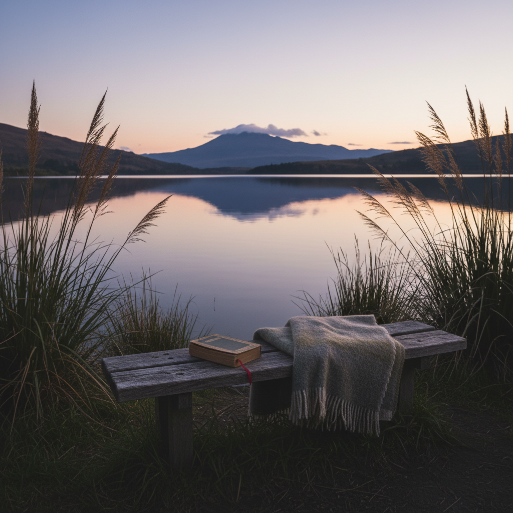 A simple wooden bench overlooks a calm New Zealand lake at dusk, framed by silhouetted flax and toetoe plumes gently leaning into the scene. On the bench rests a single, folded woollen blanket and a closed book with a frayed fabric bookmark, suggesting a recently paused moment. The distant hills are reflected in the glassy water, tinged with soft lavender and peach tones from the fading sky. Subtle, natural low-light photography captures fine detail in the foreground while allowing the background to blur slightly. The mood is quietly melancholic yet serene, evoking grief, remembrance, and the solace of nature, composed with the bench on the rule of thirds to emphasize emotional space and absence.