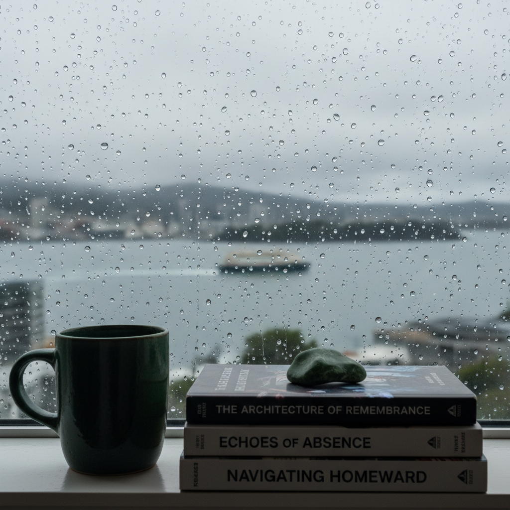 A rain-speckled windowpane in Wellington, photographed from indoors, with droplets sharply in focus and the blurred outline of the harbour, hills, and a faint ferry beyond. On the interior windowsill, a dark-green ceramic mug sits beside a neatly stacked trio of books titled with themes of memory, loss, and home. A small carved pounamu stone rests on top, its polished surface catching the cool grey daylight. Natural overcast lighting softens the colors and enhances the reflective quality of glass and stone. Shot at eye level with a shallow depth of field, the image feels introspective, sophisticated, and gently somber, ideal for essays on grief, weathered days, and the changing emotional landscape of life in New Zealand.