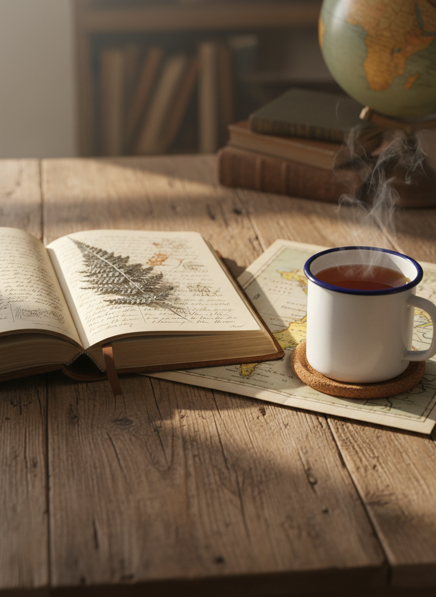 A well-worn leather-bound travel journal lies open on a rustic wooden table, its pages filled with faint handwritten lines and a pressed silver fern leaf marking the current story. Beside it, a steaming enamel mug of tea rests on a cork coaster, and a folded paper map of the Pacific and New Zealand’s outline peeks from underneath. Soft morning light from an unseen window falls across the scene, highlighting the texture of the paper and the grain of the wood, leaving gentle shadows in the corners. Captured at eye level with a shallow depth of field, the background fades into a subtle blur of books and a globe, creating a photographic, contemplative mood suited to reflective travel writing.