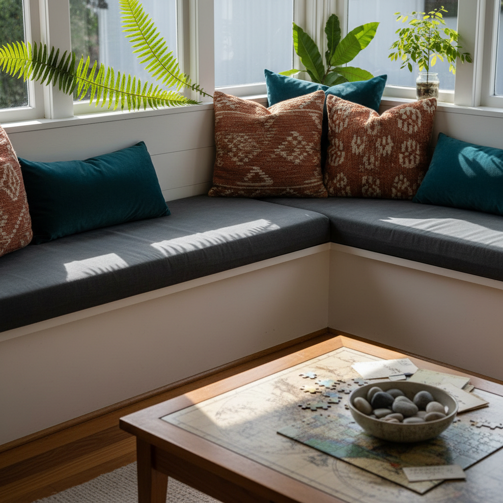 A small, sunlit corner of a New Zealand living room, featuring an inviting window seat upholstered in soft, charcoal-grey fabric, piled with mismatched cushions in deep teal and earthy rust. On the white-painted sill, a cluster of potted native plants—ponga fern, kawakawa, and a tiny kōwhai seedling—catch the late afternoon light. A half-finished jigsaw map of the world is spread neatly on the wooden coffee table below, with a ceramic bowl of smooth beach stones acting as paperweights for scattered notes. Warm, low-angled sunlight streams in, casting long, delicate shadows. Photographic, eye-level composition with a gentle depth of field creates a sophisticated, introspective atmosphere of day-to-day life between journeys.