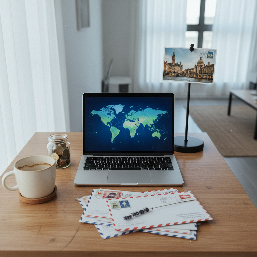A cluttered wooden desk in a minimalist New Zealand apartment, illuminated by cool early-morning light filtering through sheer curtains. On the desktop, a sleek laptop displays a world map screensaver, surrounded by a ceramic mug with a faint tea ring, a small jar of collected foreign coins, and a stack of letters with different postage stamps. A single sprig of dried lavender is pressed between two envelopes, and a pinned postcard of a faraway city leans against a simple black desk lamp switched off. Photographic realism with a slightly elevated angle and shallow depth of field creates an intimate, reflective mood, capturing the quiet in-between moments of migration, distance, and writing from afar.