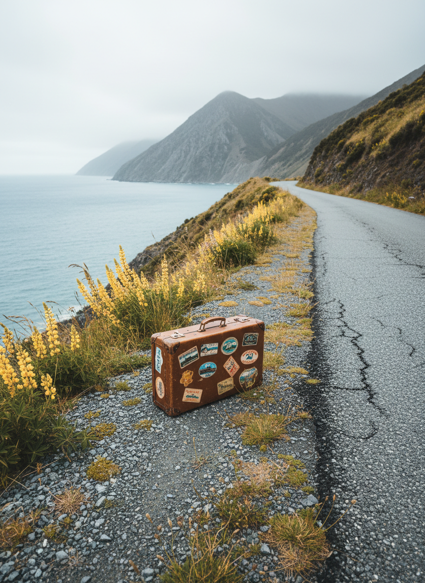 A narrow coastal road in New Zealand curves along the edge of a rugged cliff, with wild grasses and yellow lupins bending in the wind at the roadside. In the distance, mist-softened mountains rise above a silver-blue sea, and a single vintage suitcase sits slightly off-center on the gravel shoulder, its worn stickers hinting at distant countries. Overcast sky creates gentle, diffused light with no harsh shadows, bathing the scene in a muted, photographic realism. Shot from a low, three-quarter angle with the road leading into the frame, the composition feels lonely yet hopeful, evoking themes of migration, departure, and quiet wandering.